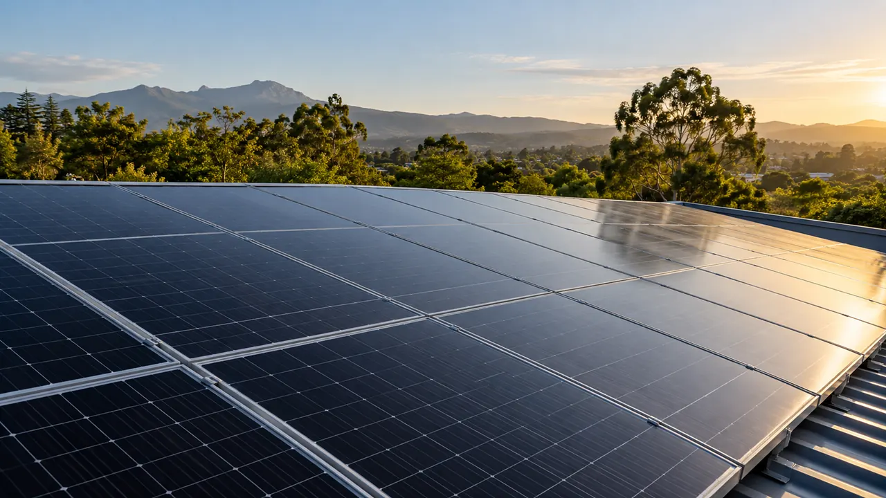 Rooftop solar panels, green trees and distant hills in warm sunlight.